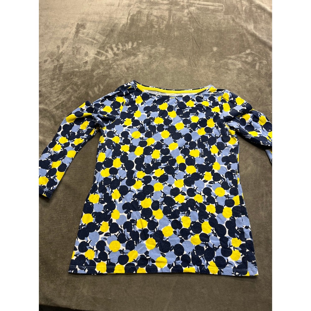Talbots Tee Petite Small Blue Yellow Fruit Print 3/4 Sleeve Boat Neck Top SP